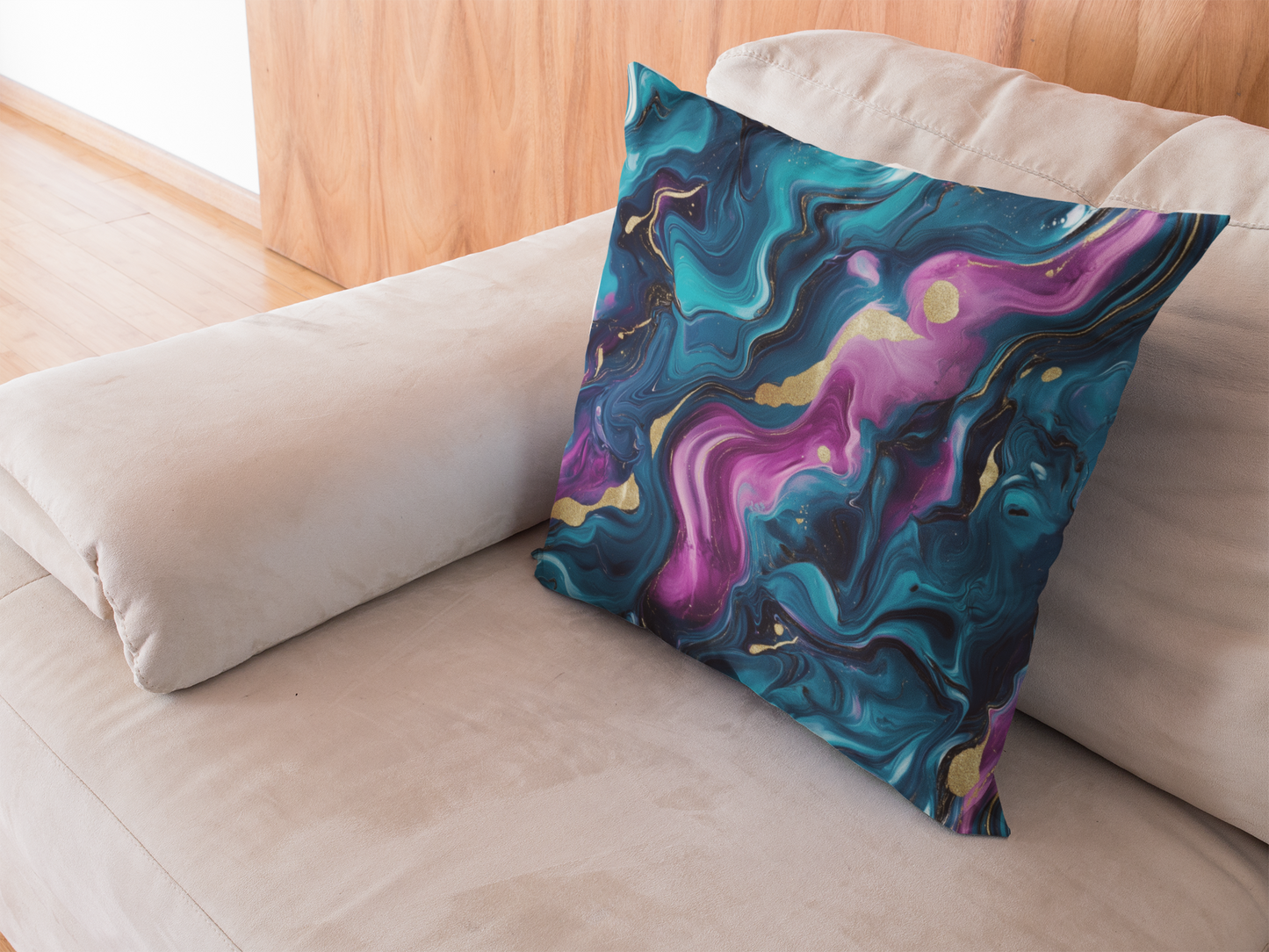 Blue Mirage with Golden Veins – Fluid Art Cushion Cover