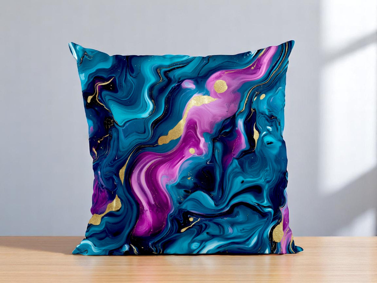 Blue Mirage with Golden Veins – Fluid Art Cushion Cover